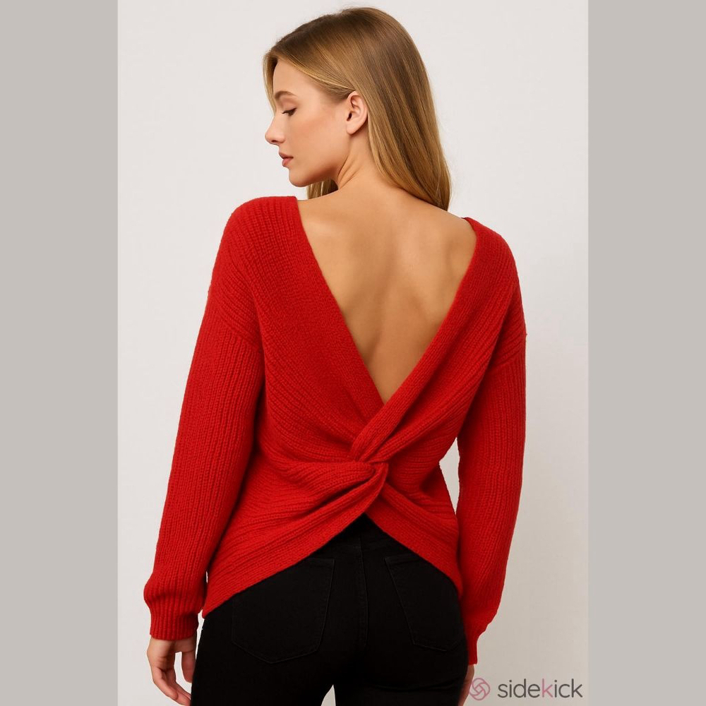 LOVE TREE Red Twist Back Knit Sweater Size L